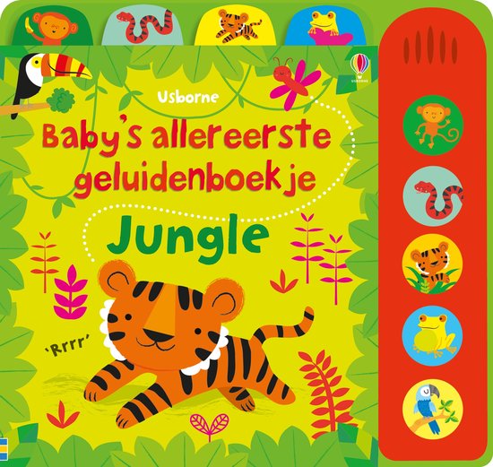 Voorpagina van 'Baby's allereerste geluidenboekje Jungle' met een tijger, toekan en libel.
