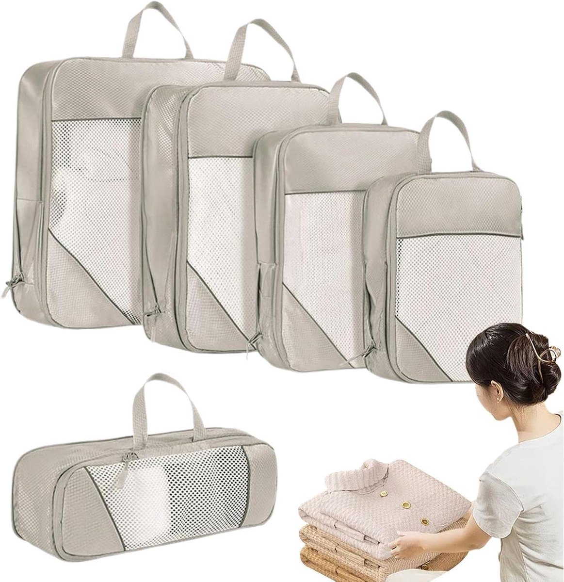 Compressiezakken Reizen - Opbergzakken Koffer - Ruimte Besparen - Waterdichte Coating - 5 Stuks - Beige