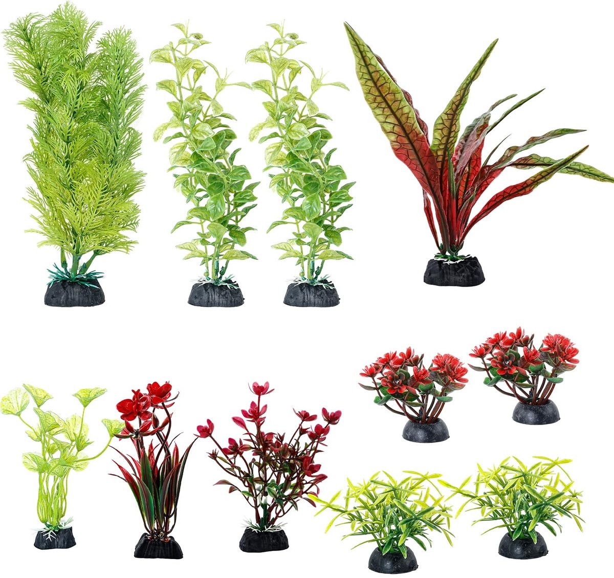 JHUBERS- Aquariumdecoratie Set 11 Stuks - Kunstmatige Waterplanten - Plastic Planten - Onderwaterdecoratie - Schildpadaccessoires - Hoogte tot 20 cm - Aquariumplanten