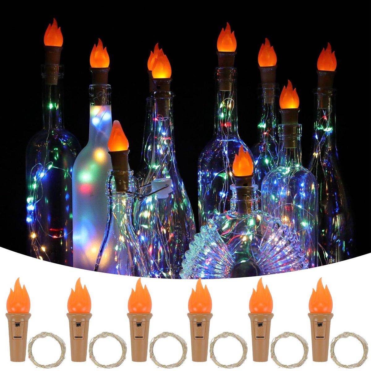 JHUBERS- Flessenlichtketting Kurk - 6 Stuks - Warmwit LED - Vlamvorm - Creatief Cadeau - Verlichtingsduur 8-10 Uur - Decoratieve Verlichting