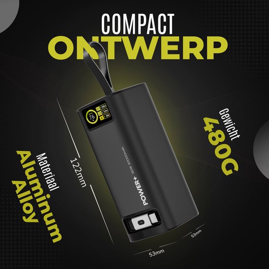 Zwarte 130W 20000mAh powerbank, 122x53x53mm, 480g, gemaakt van aluminium alloy.