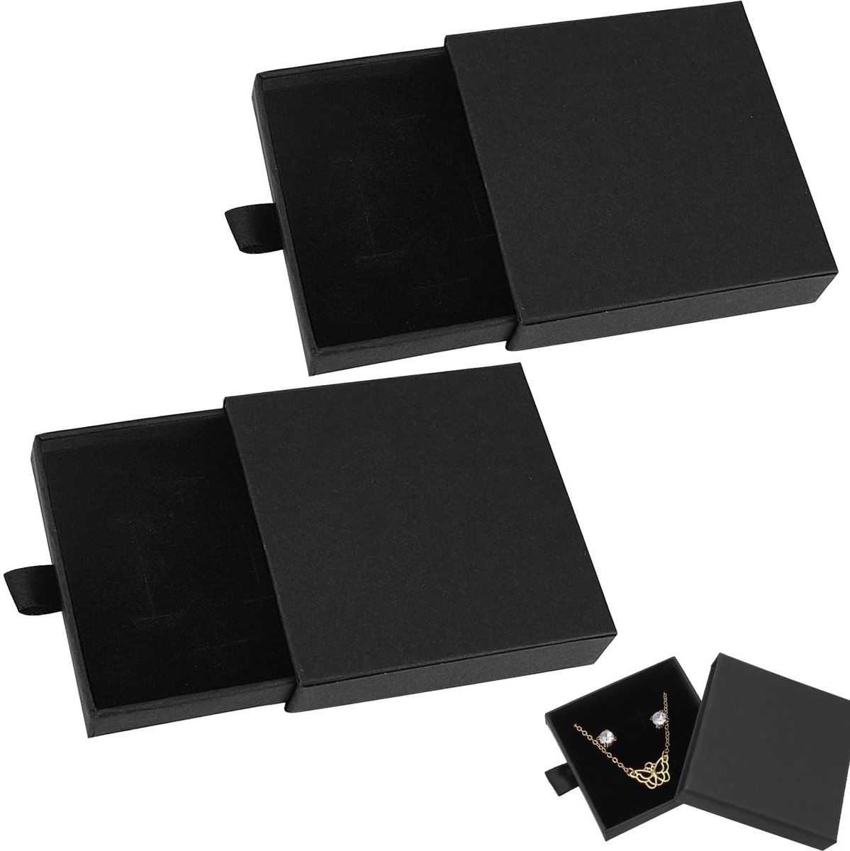 Dailygoods- Sieradenbox 2-delig - Cadeaudoos - Kraftpapier - Zwart - 7 x 7 x 1.8 cm - Veiligheidsbescherming met fluwelen voering - Cadeaubox