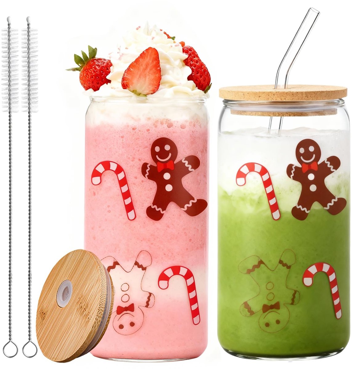 Dailygoods- Kerstglazen 500 ml - Drinkglazen met Deksel/Rietje - Peperkoekmannetje - Winterbeker - Kerstdecoratie - Feestelijk Assortiment - Kerstbeker