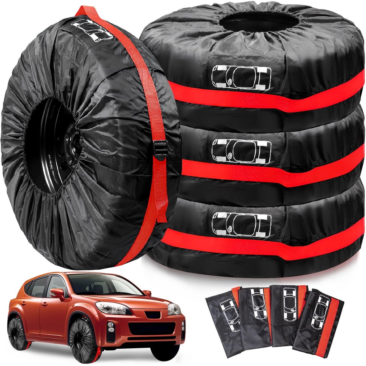 Dailygoods- Bandentassen Set van 4 - Robuuste Bandenhoezen - Geschikt voor Banden tot 80 cm - Polyester - Zwart - Handvat voor Eenvoudig Transport