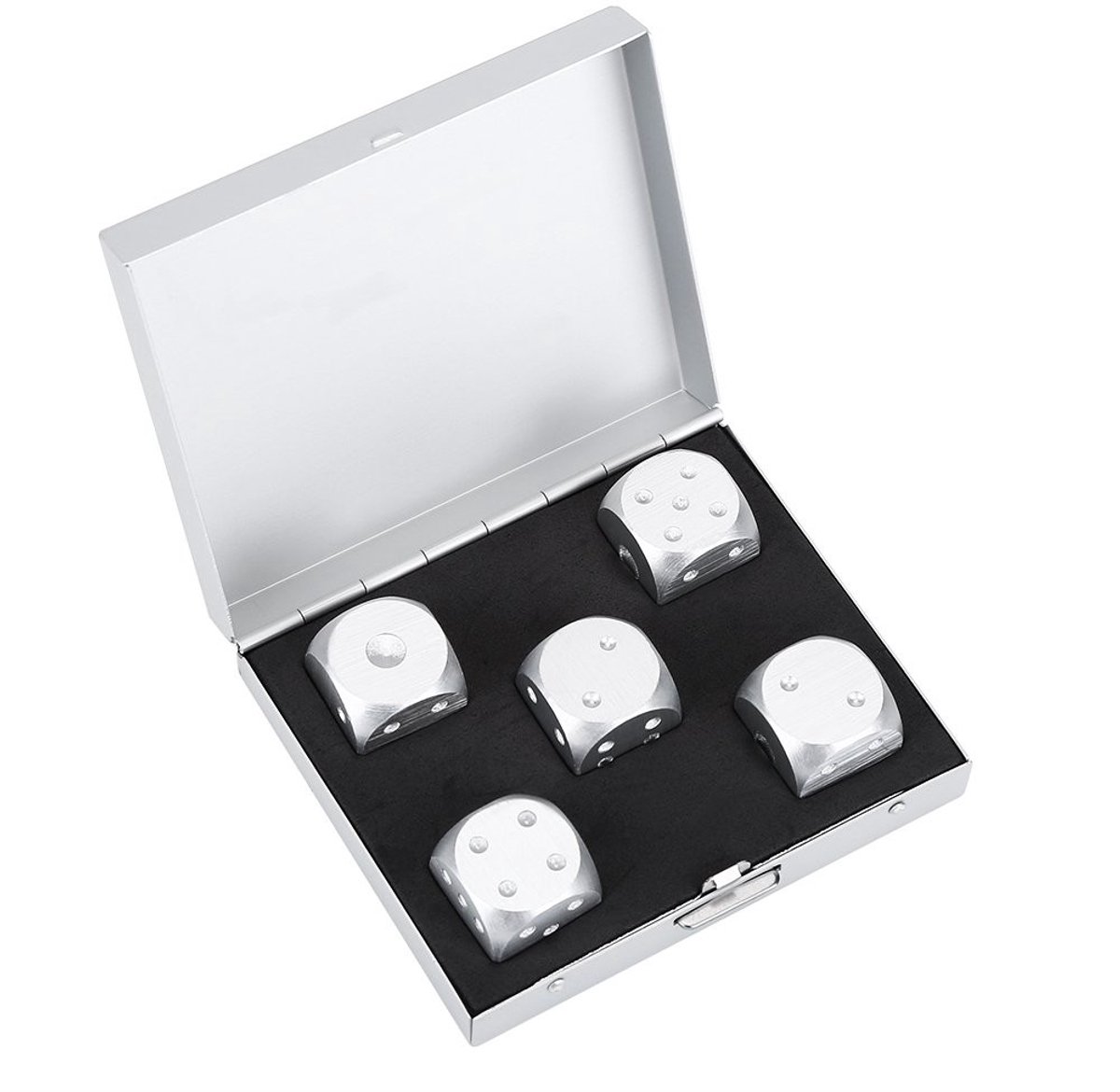 Dailygoods- Dadi Set - 5 Stuks - Poliedrische Dadi - Spelaccessoires - Vierkante Zilveren Doos - Unisex - Dobbelstenen