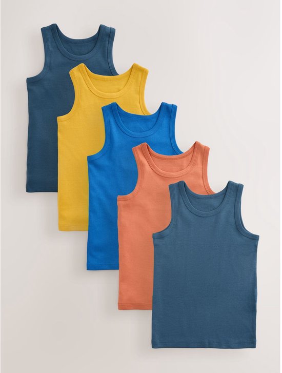 Set van vijf katoenen hemdjes in blauw, geel, kobaltblauw en roze.