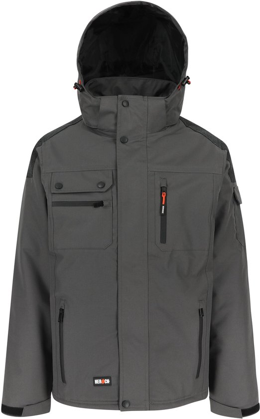Grijze Herock werkjas met capuchon, drukknopen, oranje ritsdetails, cargozakken en grijze gebreide schouderdetails.