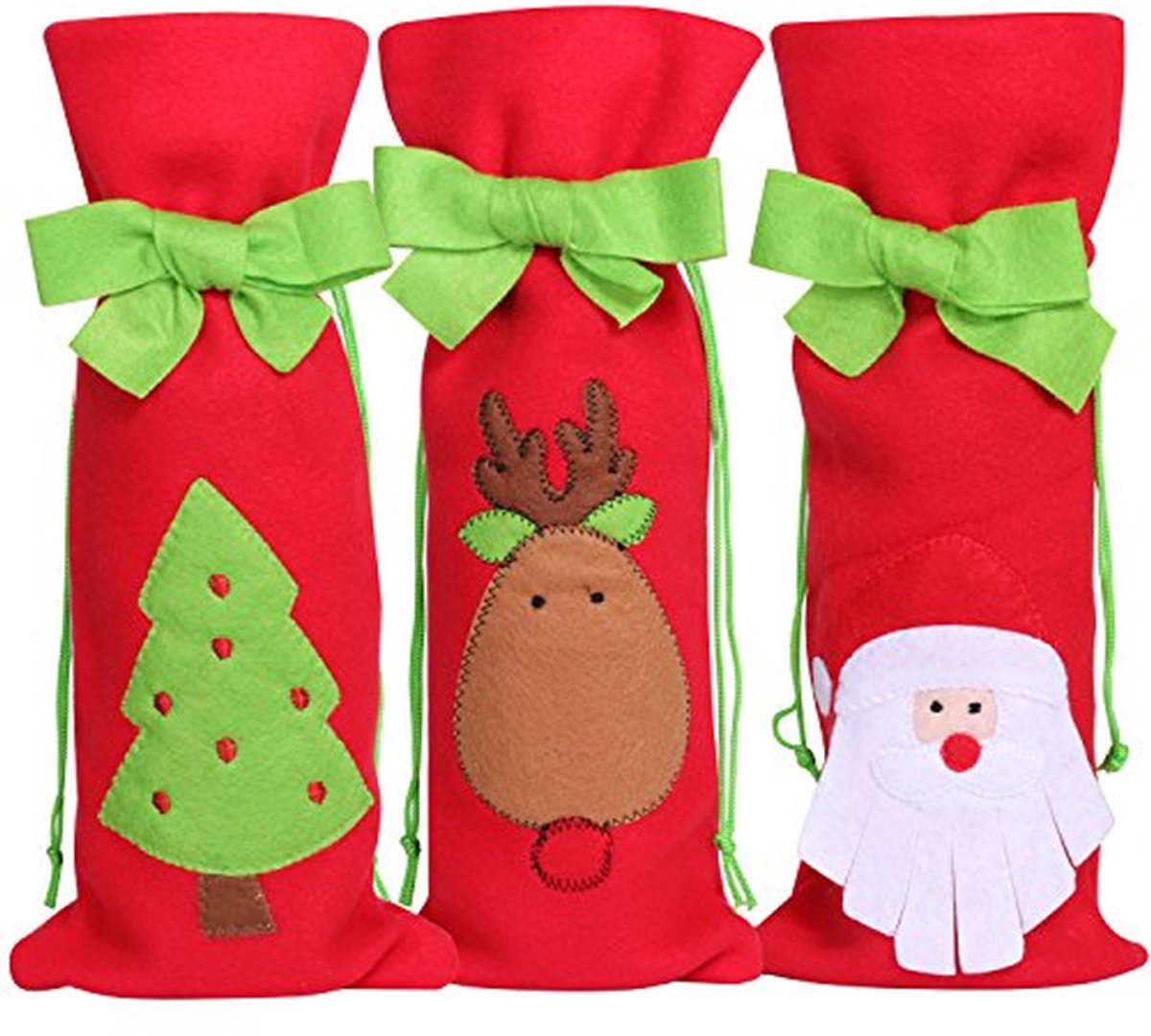 Kerst Wijnzakjes - Feestelijke Gift Bags - Cadeaus Presenteren - Vilt met Strik - 3 stuks - Groen