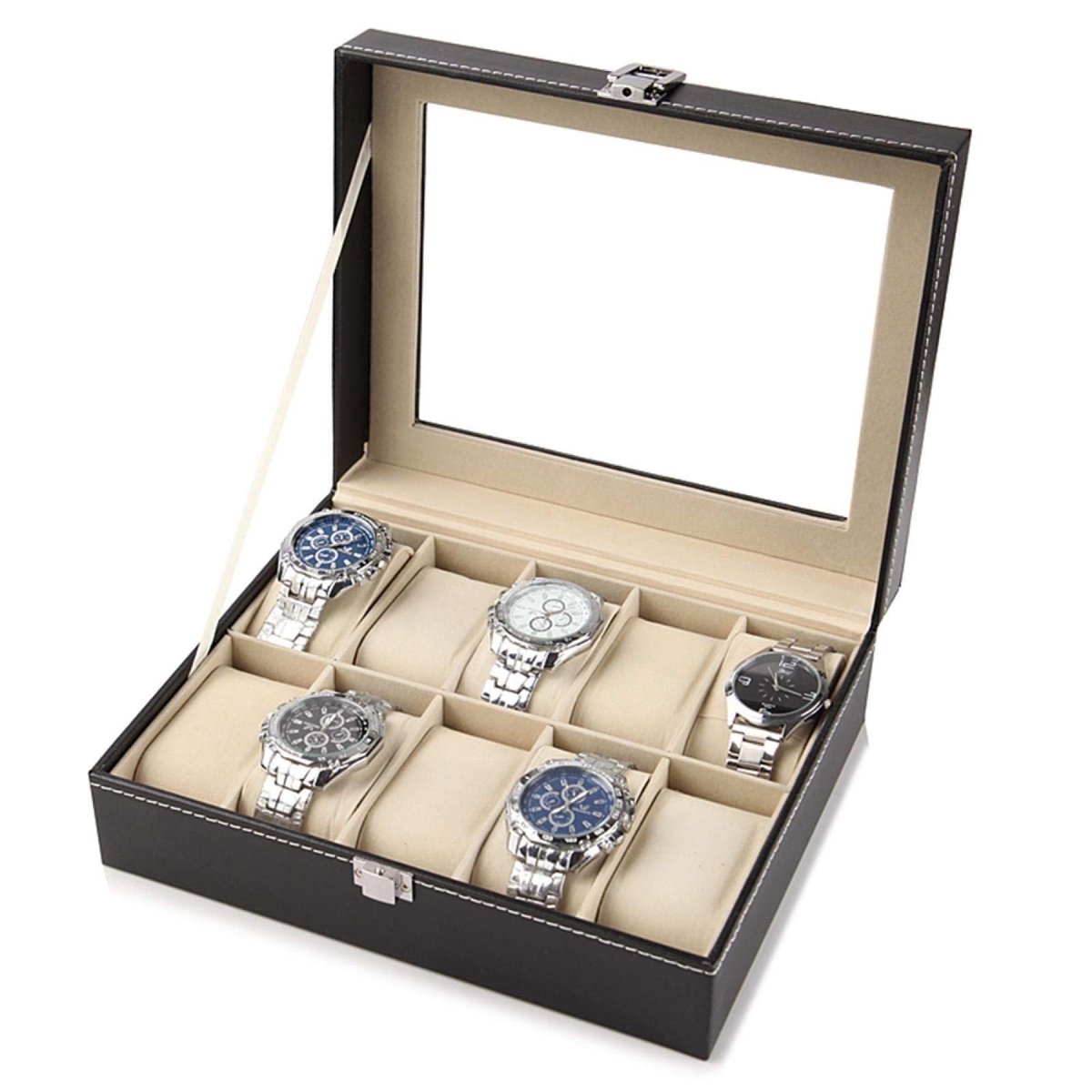 Dailygoods- Horlogekast met 10 vakken - Opbergdoos - PU-leer - Afneembare horlogekussens - Zacht fluwelen interieur - Acrylpaneel - Sieradenbox