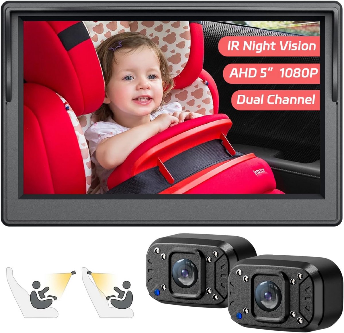 Baby Autocamera - Dubbelkanaals Monitor - Baby Veiligheid - 1080P Nachtzicht - 5 Inch Display - Zwart