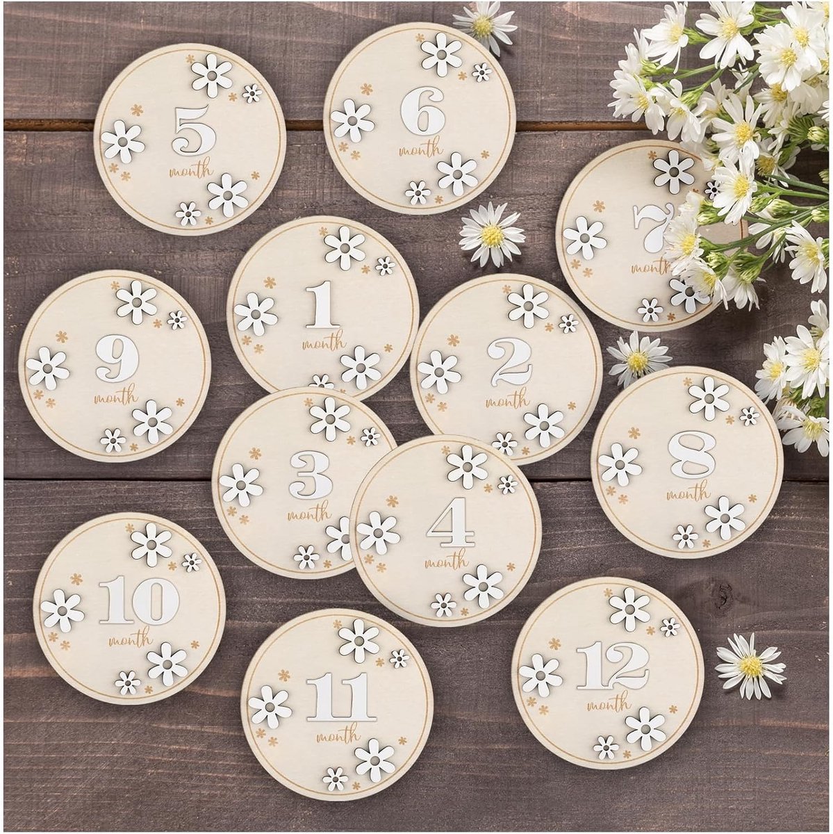 Houten mijlpaalkaarten - Baby maandkaarten - Baby groei vastleggen - Uniek 3D madeliefjesdesign - 12 stuks 10 cm - Natuurlijk hout