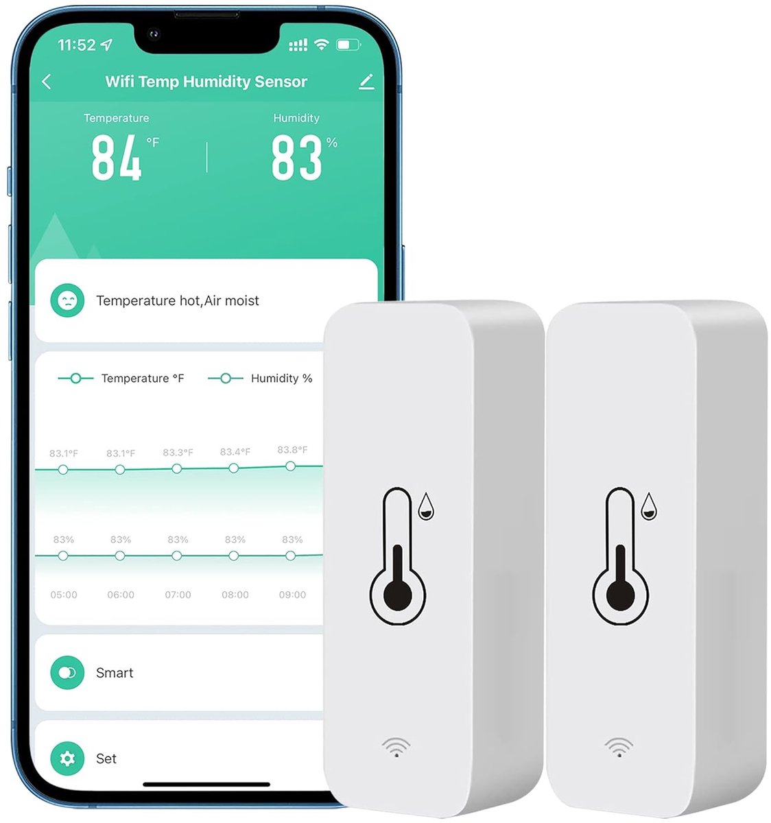 Draadloze WiFi Hygrometer Thermometer Sensor Binnen en Buiten | Temperatuur en Vochtigheid Monitor met App Notificatie (2 Stuks)
