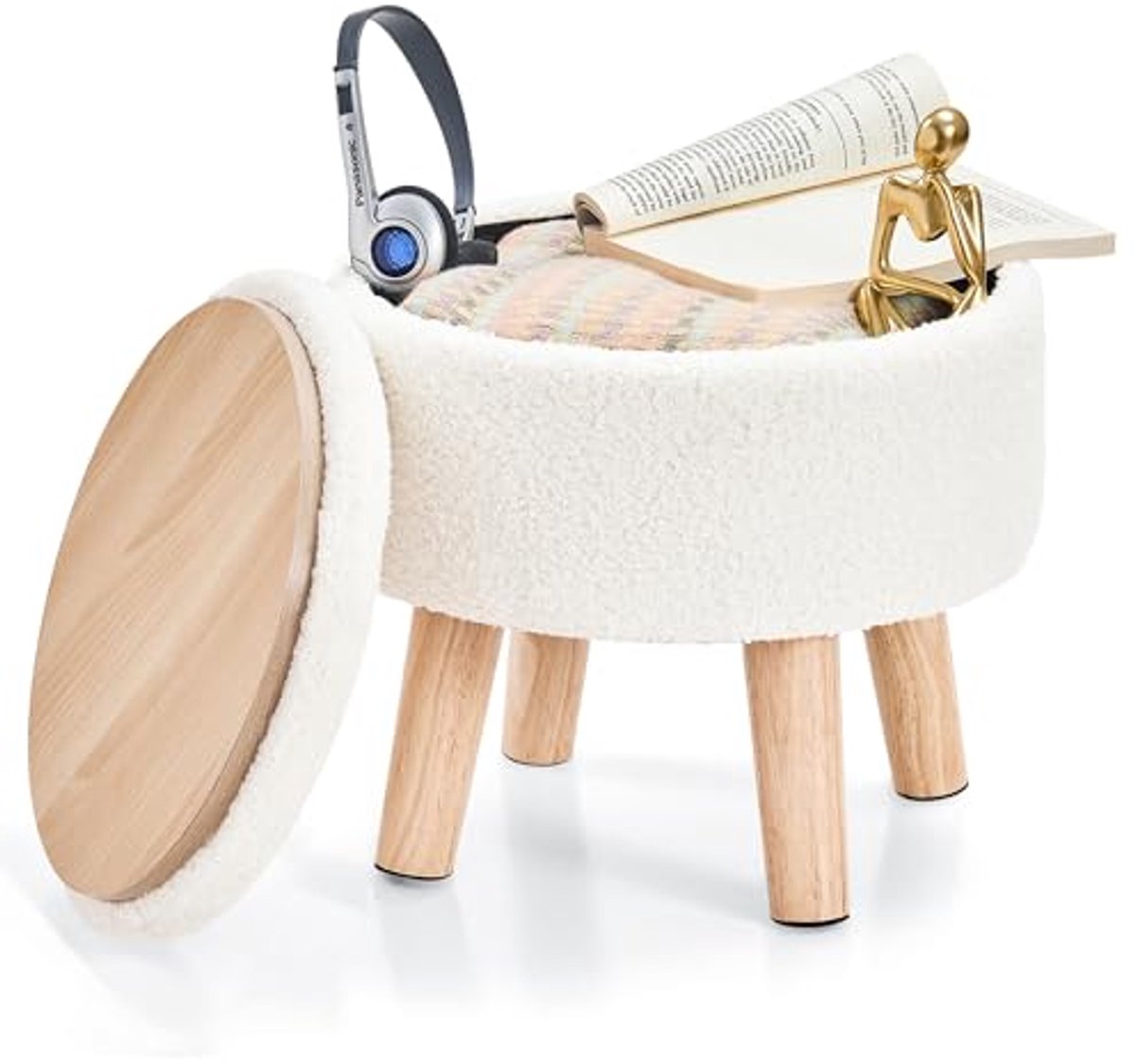 Opbergpoef - Ronde kruk - Extra zitplek - Met opbergruimte - 32 cm - Wit
