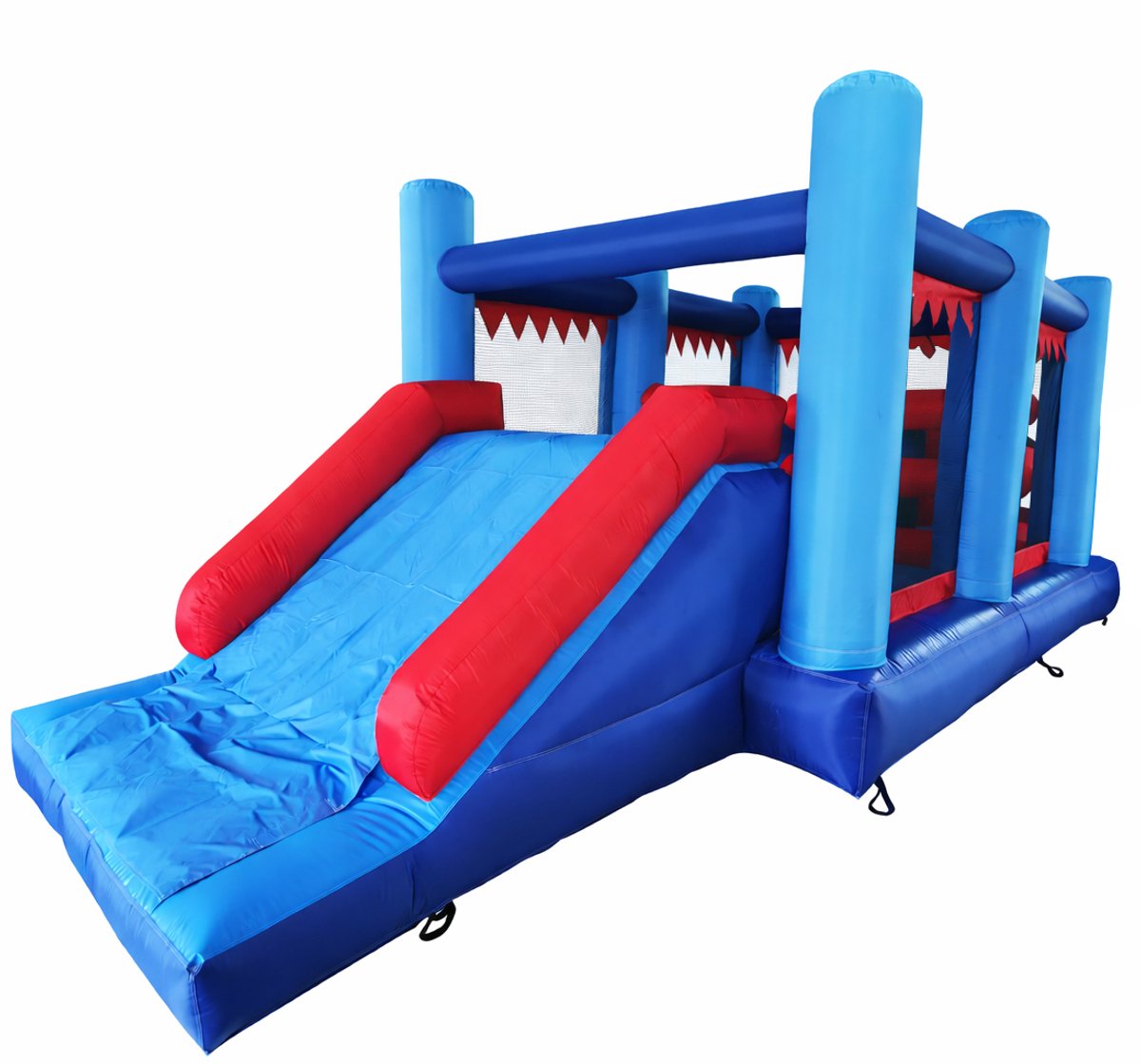 Avyna Springkussen Activity 7-in-1 – Met Glijbaan en Stormbaan – 580x260 cm – Blauw/Rood – Inclusief Blower – Huisgebruik