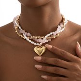 Goudkleurige ketting dames layer ketting parel ketting met hartje hanger kralen ketting drielaagse hals ketting romantische sieraden met roze kralen en goudkleurige details