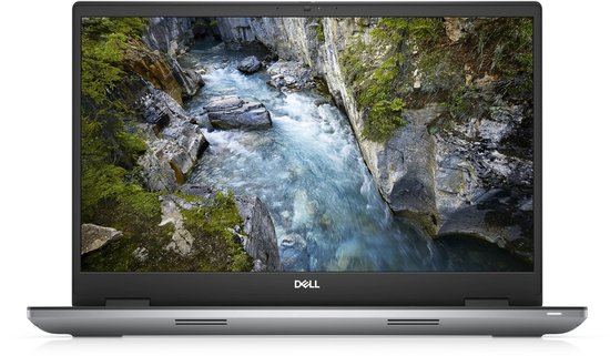 Zilverkleurige Dell laptop met een afbeelding van een stromende rivier in een kloof op het scherm.