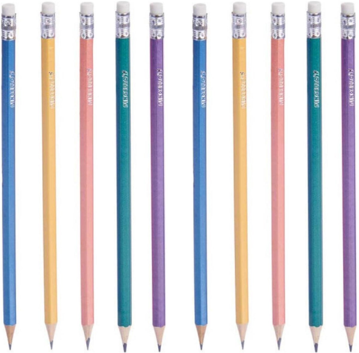 Pincello Teken potloden - 10x - multi colours - grijze punt - met end gummetje - schrijfbenodigdheden