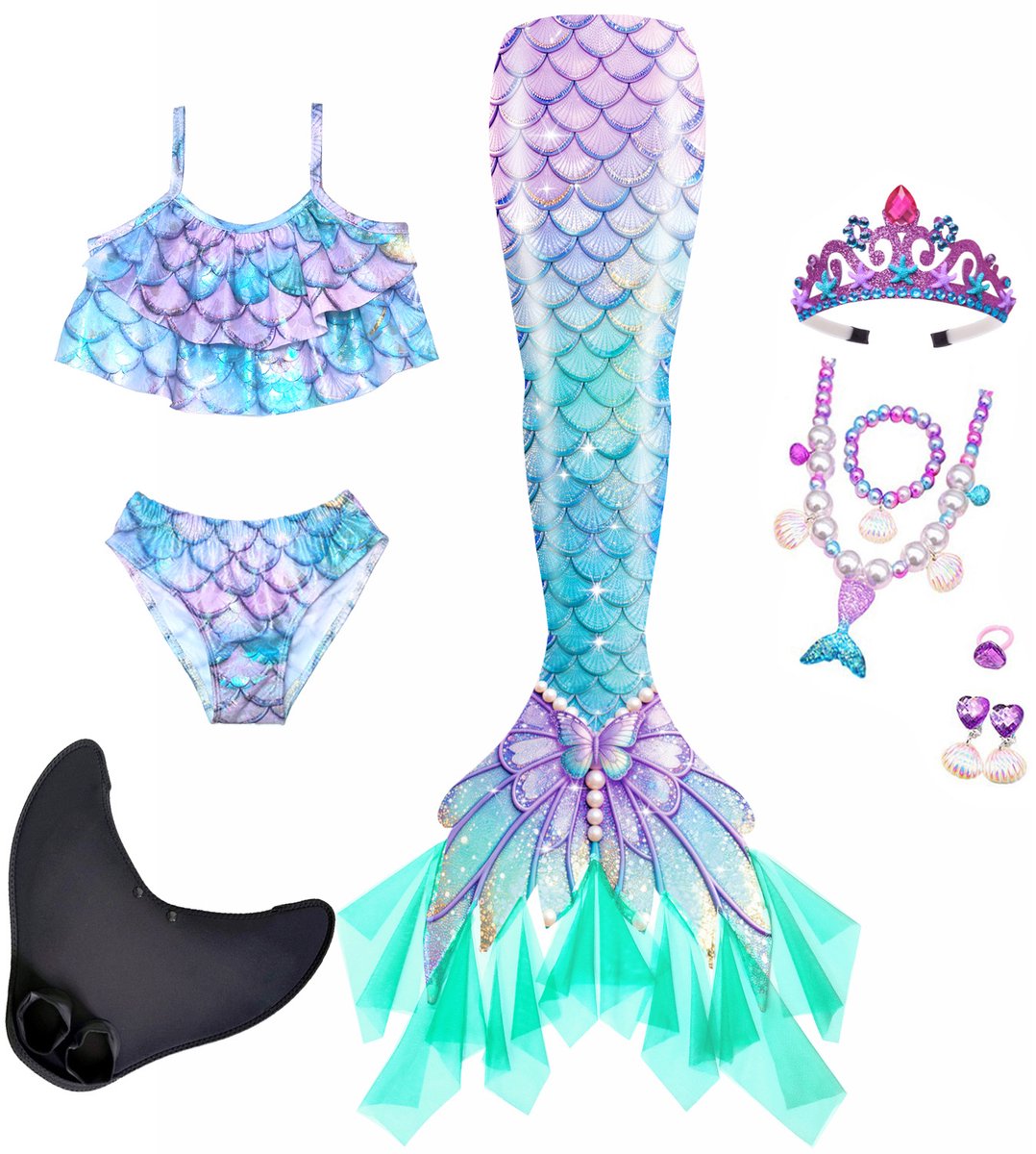 Zeemeerminstaart Zwemset Meisjes - Zeemeermin Bikini Set - Zeemeerminstaart Met Zeemeerminvin - Verkleedset Zeemeermin - Tiara En Sieraden - Maat 110