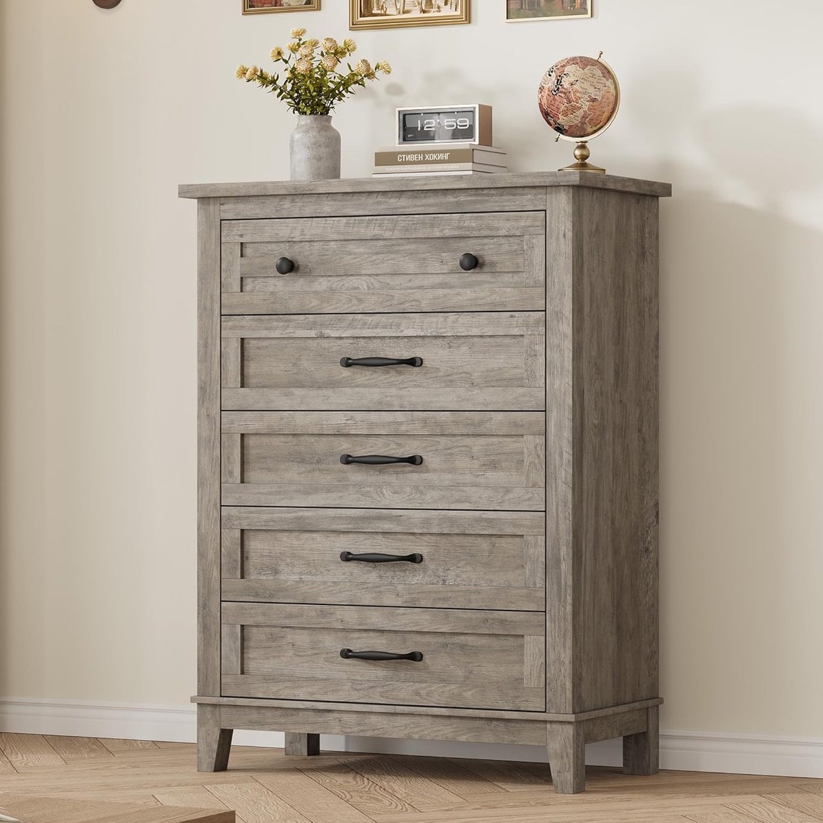 Triumpunpre Grijze commode met 5 lades, 105 cm hoog | Vrijstaande houten opbergkast met veel opbergruimte voor slaapkamer en woonkamer, 80 x 40 x 105 cm