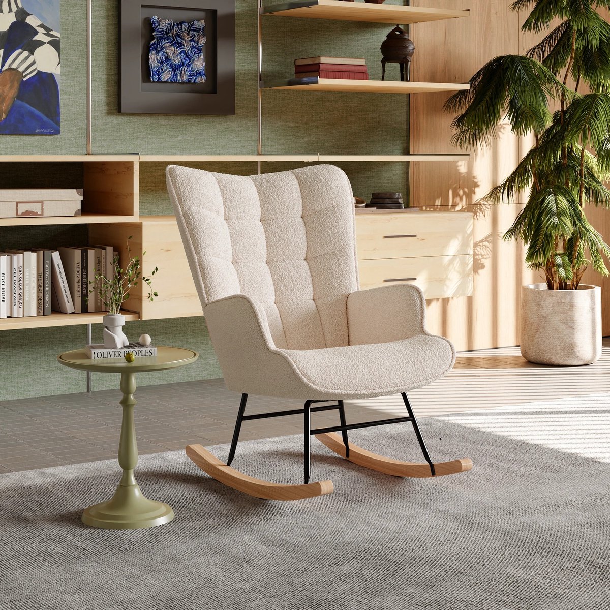 Novyro Living - schommelstoel - relaxfauteuil - lounge stoel - teddy stof - metalen frame - houten poten - wit - beige - woonkamer
