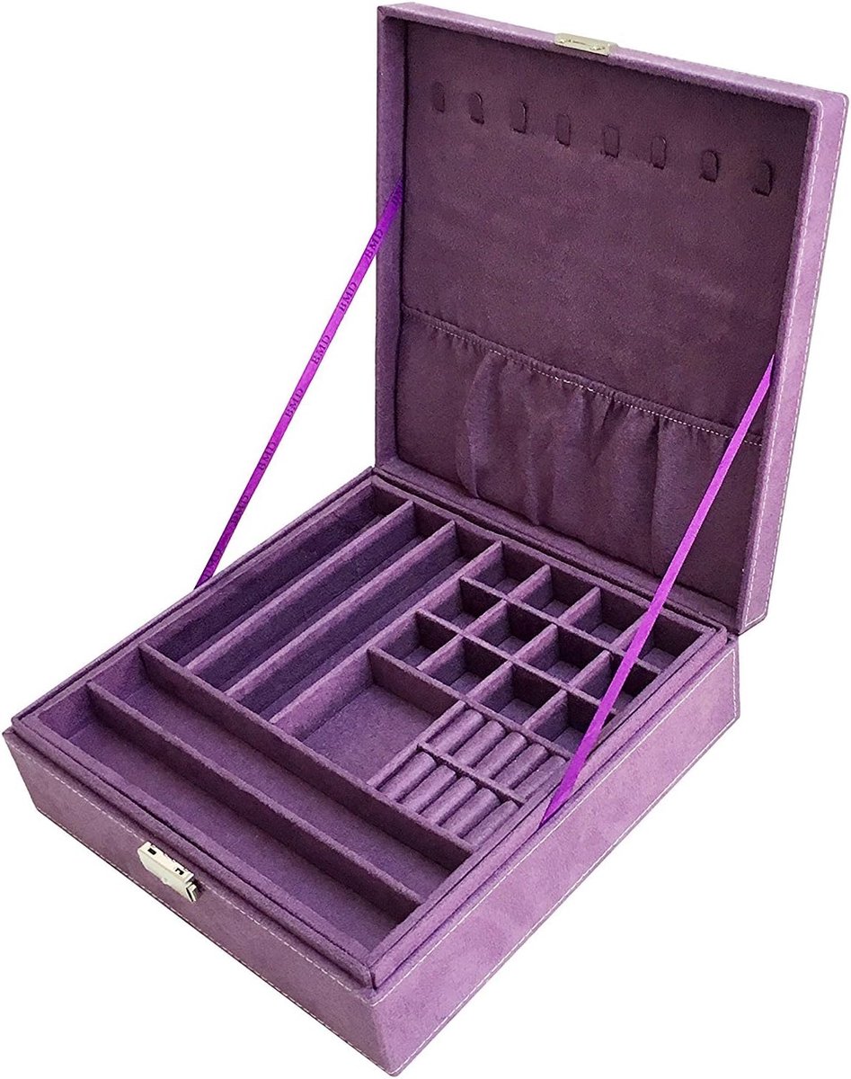 Juwelendoos Organizer - Opbergkist Sieraden - Sieraden Opbergen - Verwijderbaar Ontwerp - 26 x 26 x 8 cm - Paars