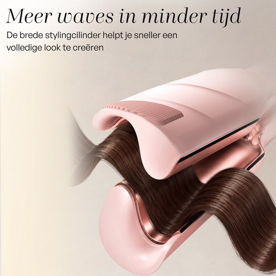 Brede stylingcilinder van roze haarkruller die golven creëert in bruin haar.