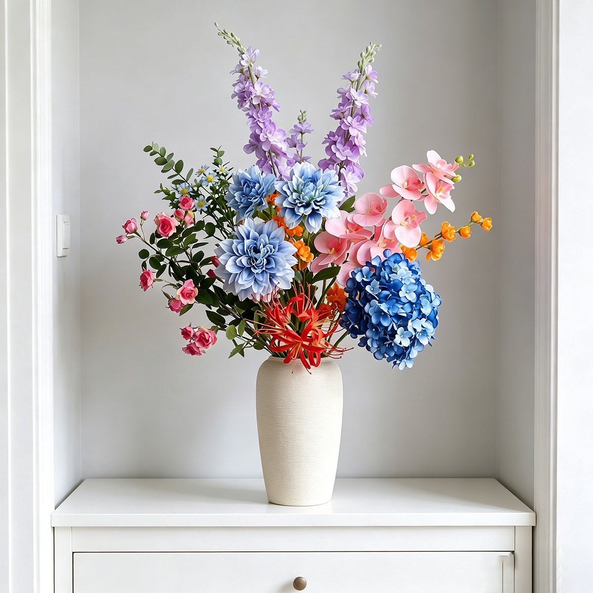 VVBV Zijden bloemen boeket - Kunstbloemen - Inclusief vaas - Onderhoudsvrij - 10 stelen - Geschikt voor huis-, boerderij- en tafeldecoratie
