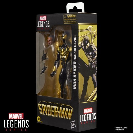 Doos van Iron Spider (Aaron Davis) actiefiguur, met gouden spinnenpak en Mech-armen.
