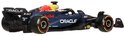 Voiture de course F1 Hot Wheels Oracle Red Bull Racing RB20, bleu foncé, rouge et jaune, sur fond blanc.