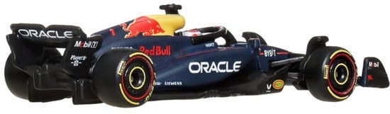 Voiture de course F1 Hot Wheels Oracle Red Bull Racing RB20, bleu foncé, rouge et jaune, sur fond blanc.