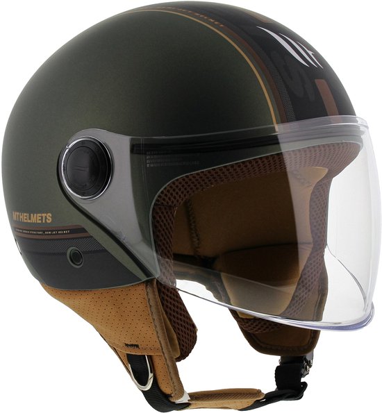 Donkergroene helm met bruine accenten, dubbele strepen en een doorzichtig vizier.