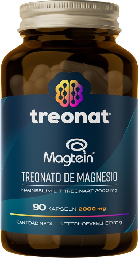 Flesje treonat Magtein magnesium L-thréonaat met 90 capsules en een donkerblauwe en paarse achtergrond.