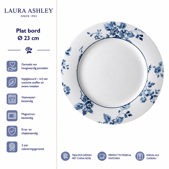 Plat bord 23 cm, wit met blauwe bloemenprint, van Laura Ashley.