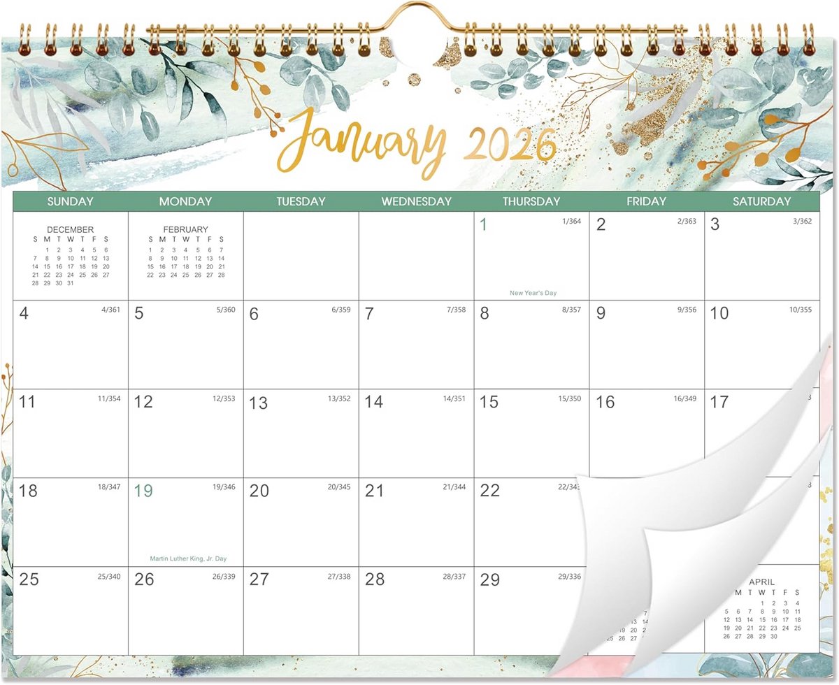 Wandkalender 2025-2026 - Bloemen design - Planning bijhouden - Delicaat groen design - 18 x 24 inch - Groen