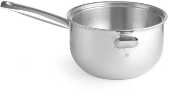 Een lege roestvrijstalen steelpan met een enkele steel.