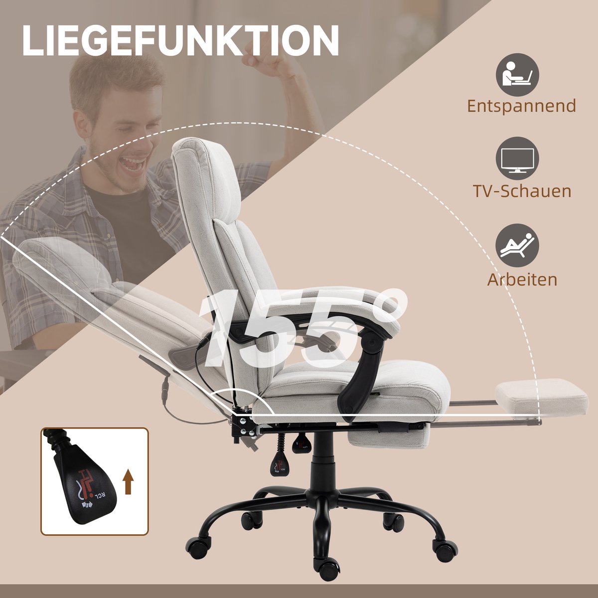 MIVRAY Bureaustoel Met Massagefunctie En Lendenverwarming - Ergonomische Relaxstoel Voor Bureau En Thuiswerk - Lichtgrijs - Polyester – foto 3