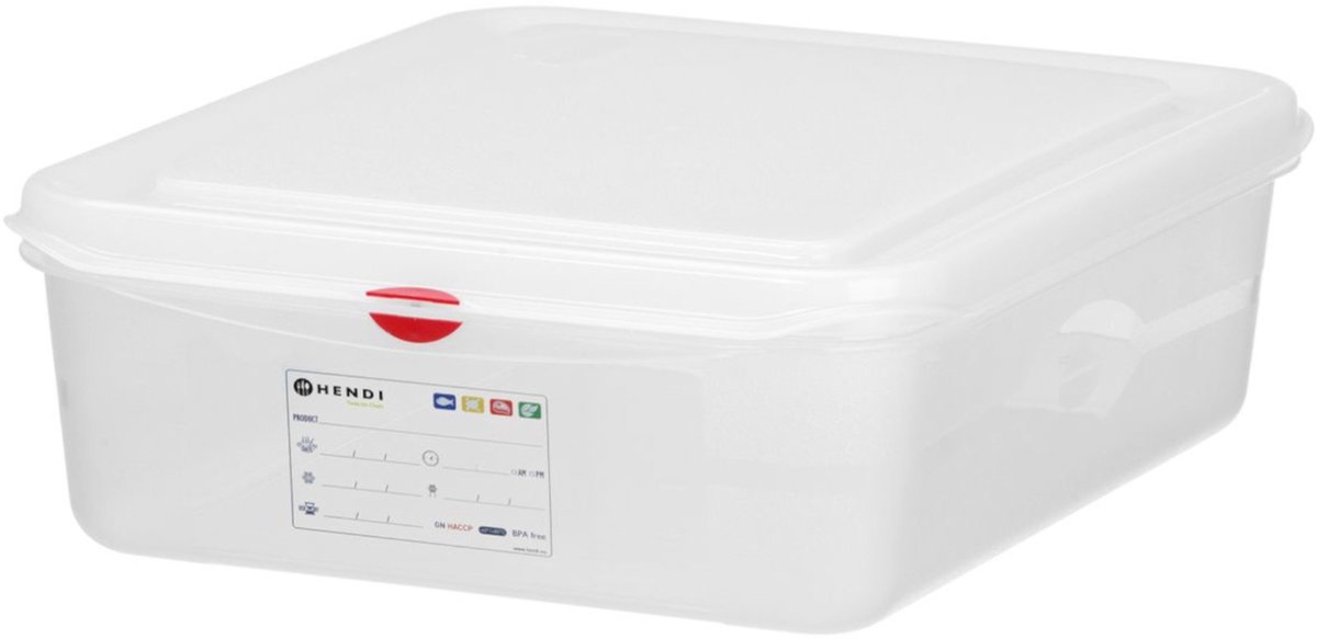 Hendi GN 1/2 container 10 liter transparant met deksel en HACCP kleurclips