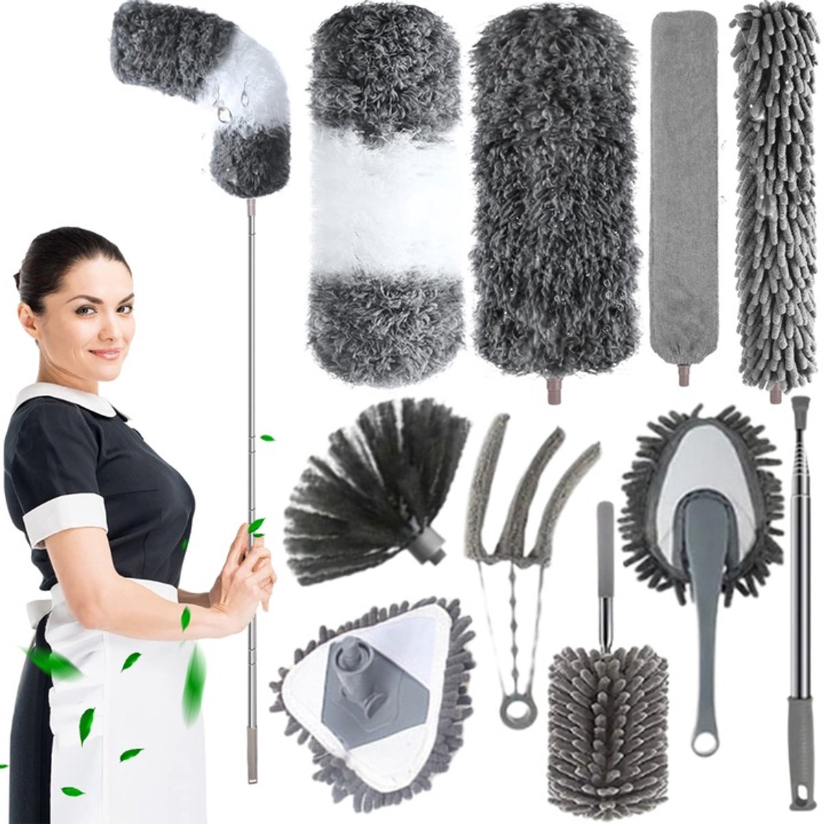 Plumeau Uitschuifbaar - Ragebol Met Telescoopsteel - TENZHVXI® - 10-in-1 - Multifunctioneel - Stofreinigend - Herbruikbaar - Voor moeilijk bereikbare plaatsen - Gemakkelijk te gebruiken/reinigen - Ideaal voor ramen, tegels, spiegels en auto's - Grijs