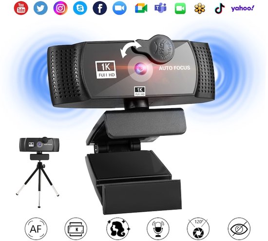 Webcam met statief - TENZHVXI® - 1K 1080p Full HD - Autofocus - 120 graden groothoek - Ingebouwde microfoon - USB 2.0 - Zwart