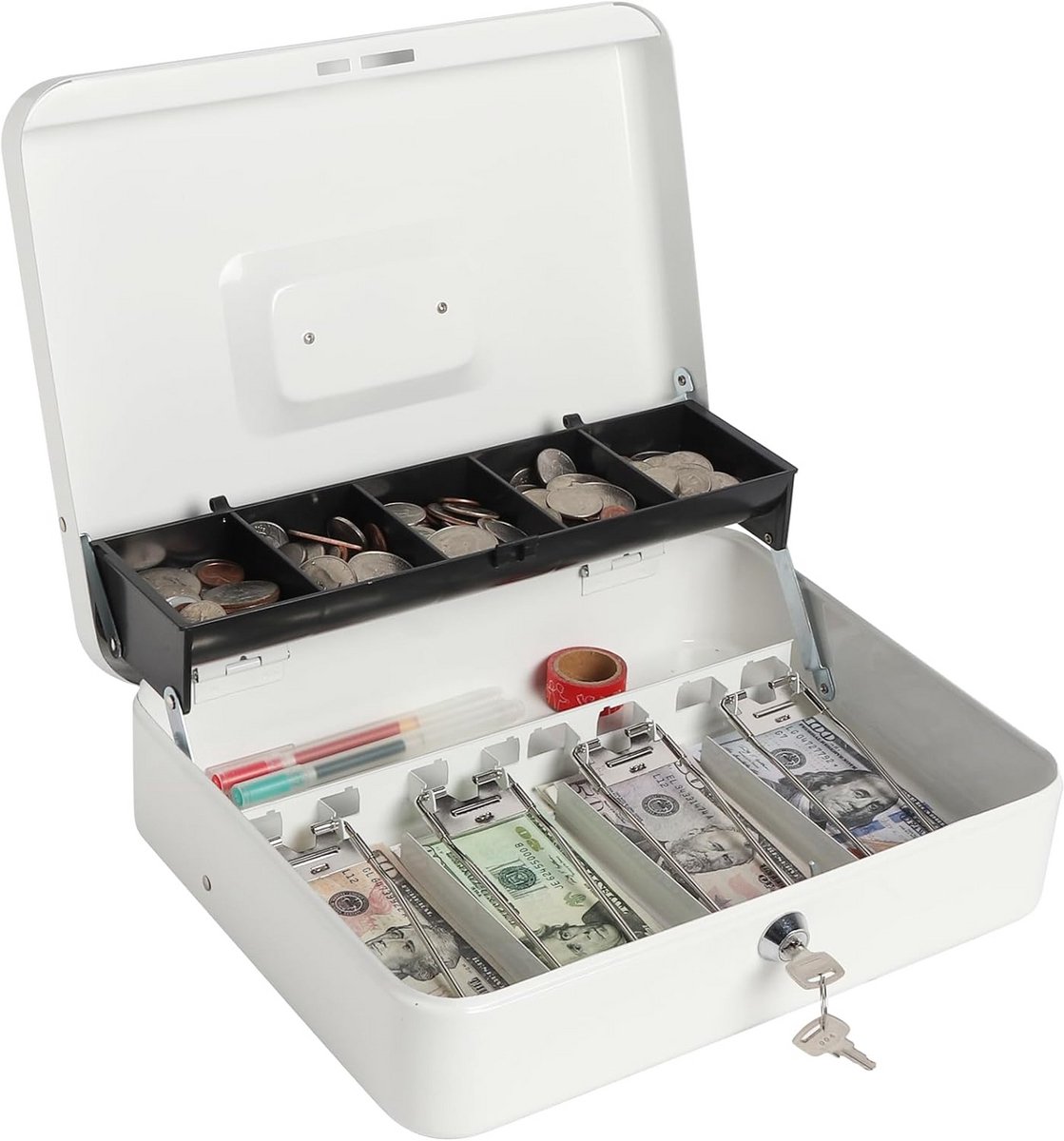 Grote geldkist - Metalen spaarpot - Veilig geld bewaren - Met 2 sleutels - 30 cm breed - Wit