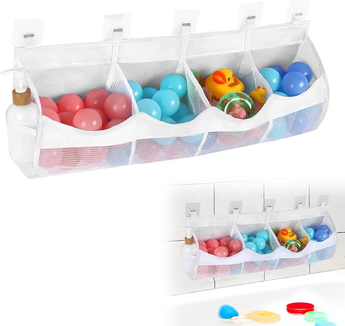 Badkamertafel organizer - Speelgoed opberger - Badspeelgoed opbergen - Mesh met snelle drainage - 4 vakken 5 haken - Grijs