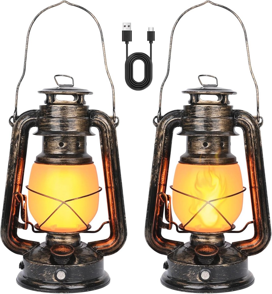 Flikkerende vlam LED-lantaarns - 2 stuks, USB oplaadbaar, vintage stijl, voor binnen en buiten