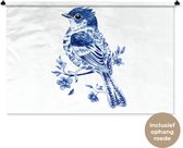 Wandkleed 150x100 cm - Wanddoek Vogel - Delfts blauw - Illustratie - Bloemen - Wandtapijt - Wandkleden