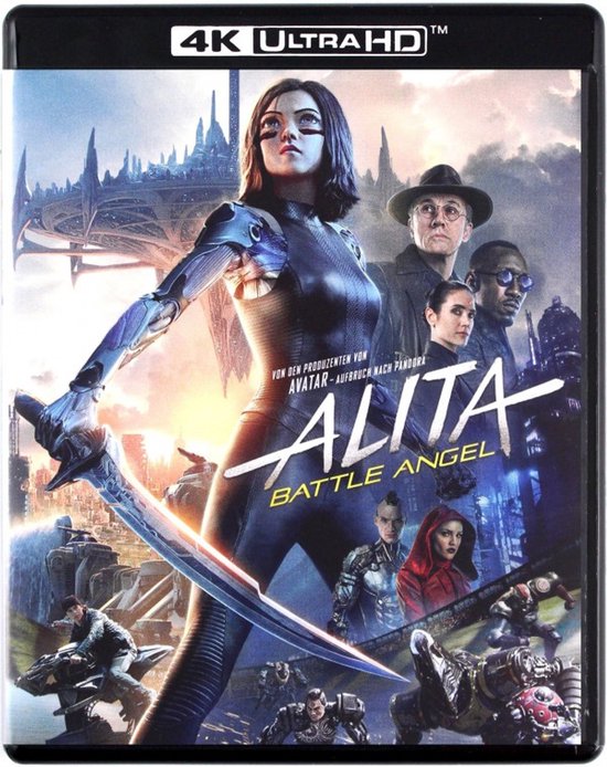 Alita: Battle Angel 4K UHD Blu-ray cover met Alita met zwaard, omringd door personages en futuristische steden.