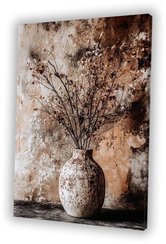 Gedroogde bloemen in vaas - Stilleven - Bruin - Schilderijen op canvas bloemen - Woonkamer decoratie - Muurdecoratie hal - Slaapkamer wanddecoratie - Canvas schilderij 50x70 cm