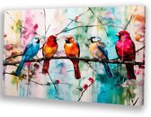 Vrolijke vogels en bloesemkunst - Canvaskunst woonkamer - Wandkunst takken - Aquarel - Wanddecoratie kinderkamer - Kunstwerken - Canvas schilderij 70x50 cm