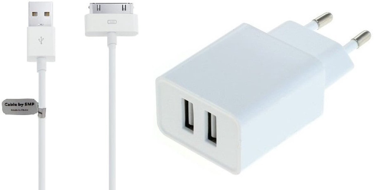 OneOne 2.4A lader met 2 poorten + 3,0m OneOne USB kabel. Universele oplader adapter past op Apple iPhone 3G, 3Gs, iPhone 4, 4s, iPad 1, iPad 2, iPad 3, iPod Classic, iPod Mini, iPod Nano 1, 2, 3, 4, 5, 6, iPod Touch 1, 2, 3, 4