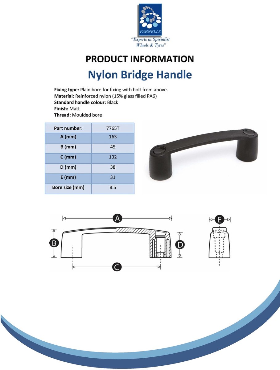 Nylon bruggreep – hartafstand 132 mm, bevestiging met bout van bovenaf