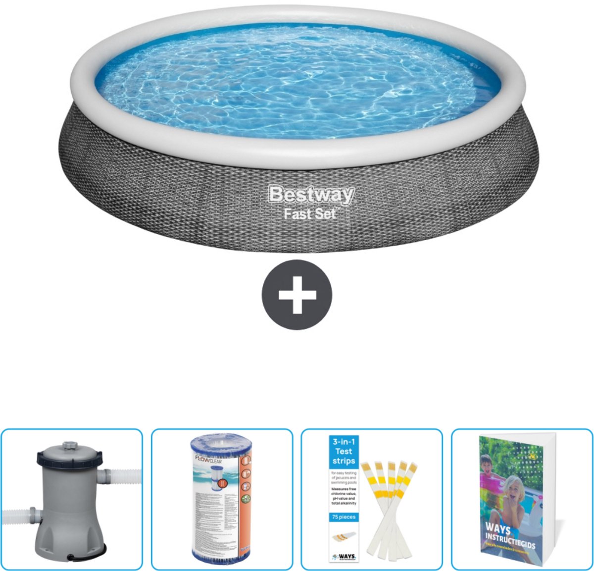Bestway Rond Opblaasbaar Fast Set Zwembad – Rotanprint – 396 x 84 cm – Inclusief Pomp Filter – Testrips – Zwembadgids Bestway Rond Opblaasbaar Fast Set Zwembad – Rotanprint – 396 x 84 cm – Inclusief Pomp Filter – Testrips – Zwembadgids