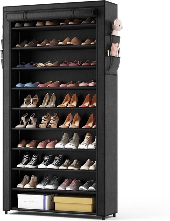 Étagère à chaussures BOTC - Meuble à chaussures - Étagère à chaussures 10 niveaux - Pour 50 paires - 175 x 60 x 25 cm - Système de rangement Chaussures pour femmes - Zwart